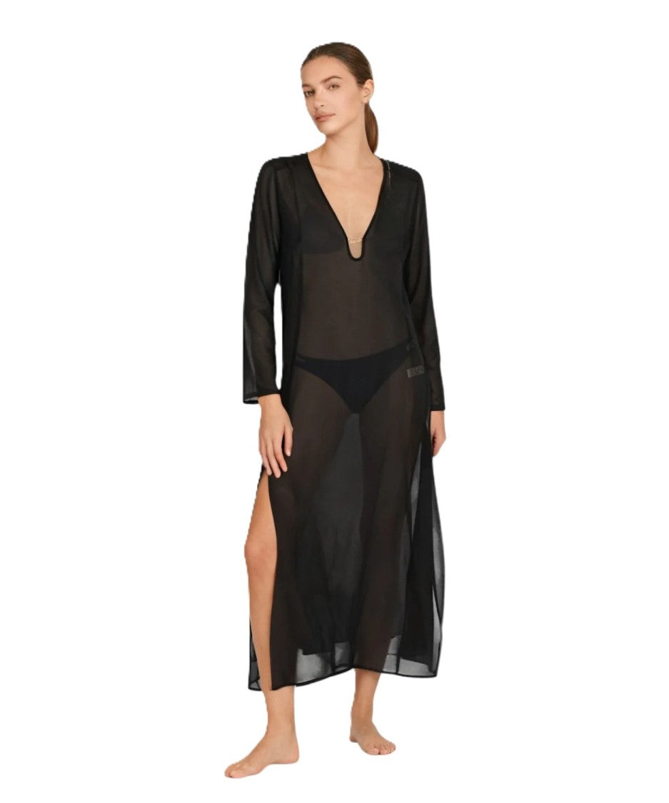 Mc2 Saint Barth Sheer Black Maxi Dress With Deep V-Neckline