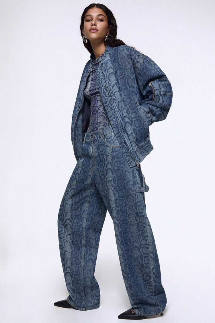 Liu Jo X Capsule 1 Elodie Blue Snake-Print Utility Barrel-Leg Jeans
