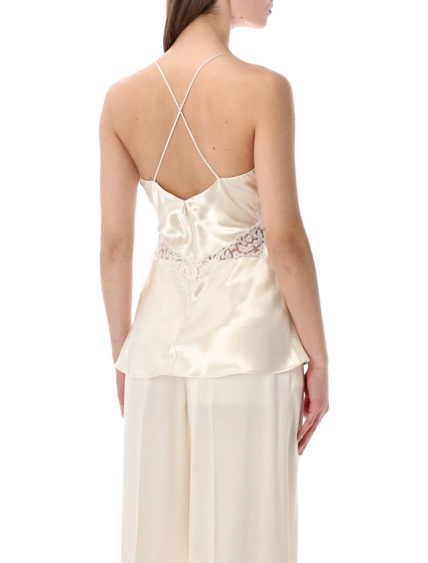 Alberta Ferretti Satin Lace Inserts V Neck
