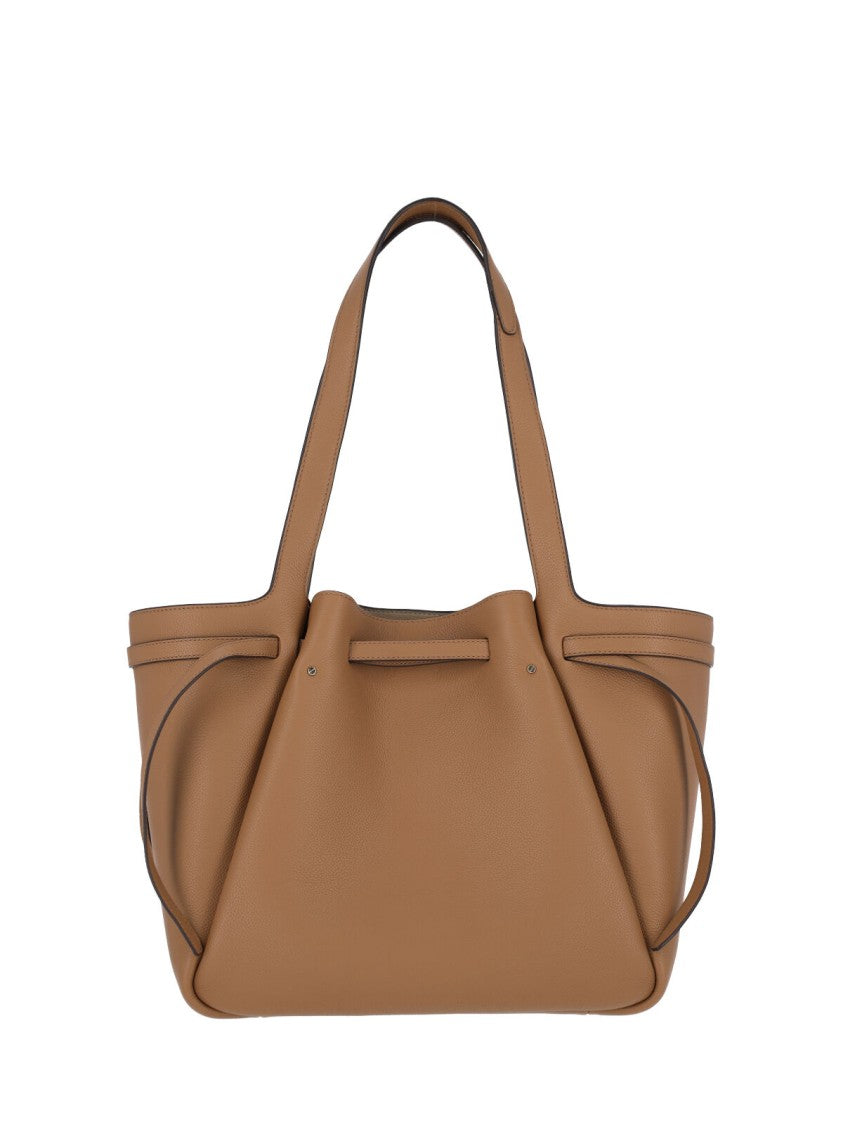 Tory Burch Romy Metal Logo Beige Textured Leather Shoulder Bag