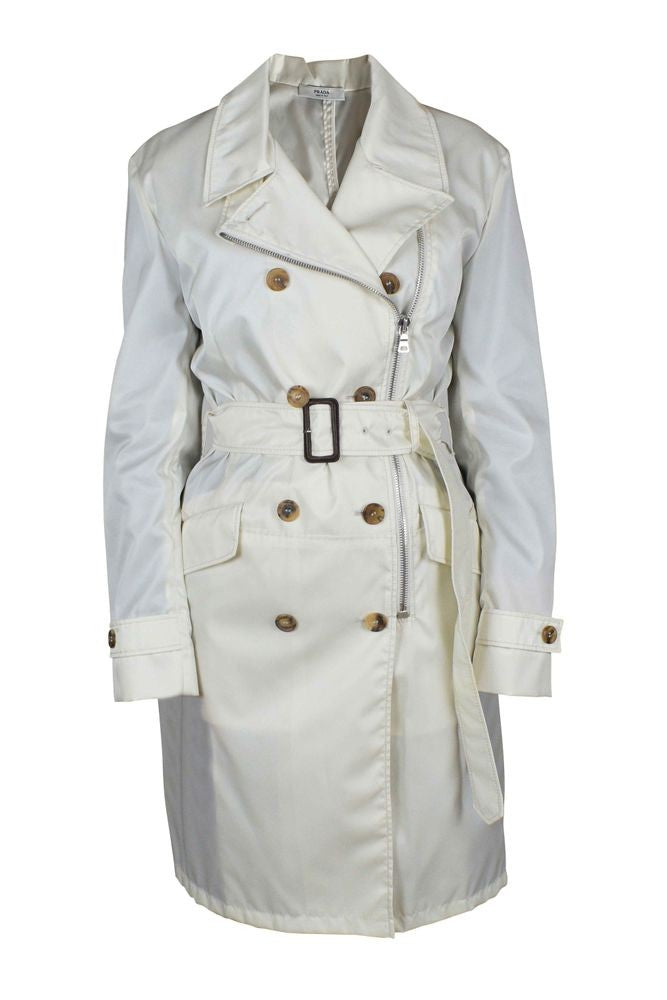 Prada Double-Breasted Off-White Nylon Coat With Adjustable Belt