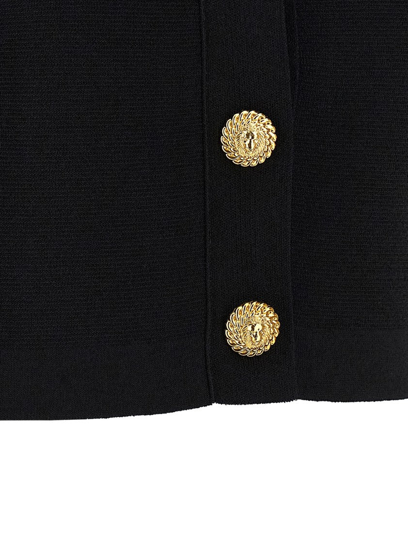 Balmain Cropped Black Cardigan With Padded Shoulders And Lion Motif Buttons
