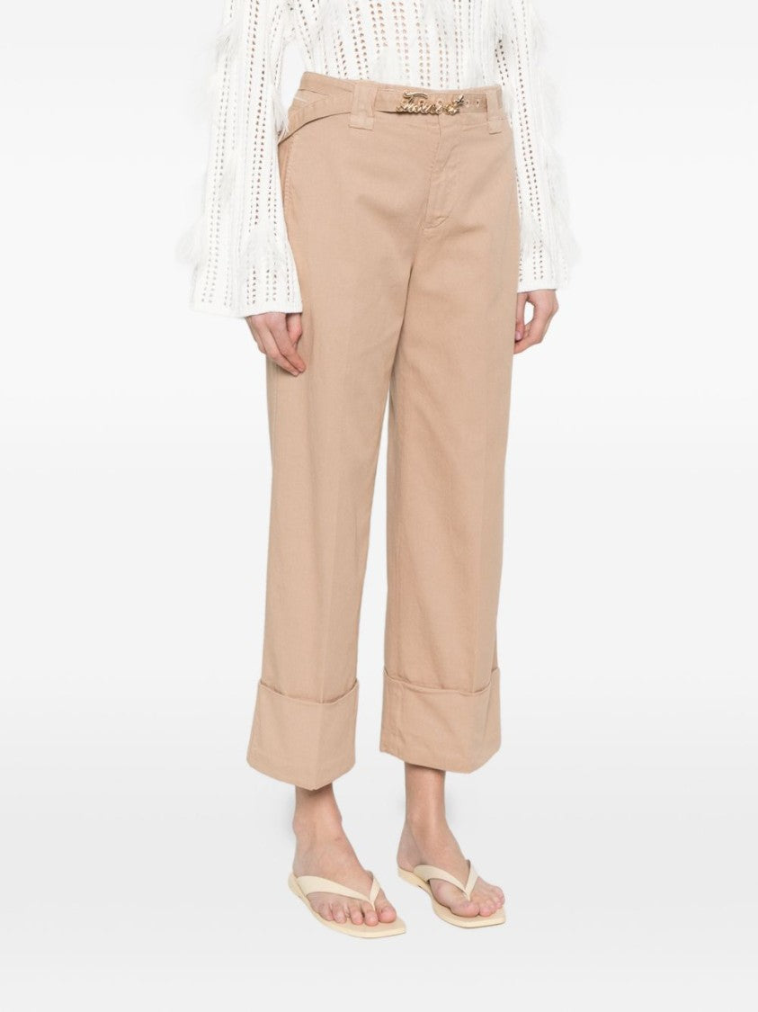 Twin-Set Cropped Beige Wide-Leg Trousers With Gold-Tone Logo Detail
