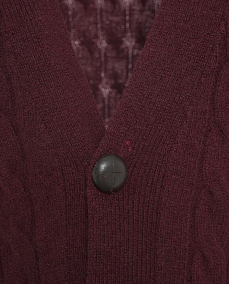 Amaranto Cable Knit Cardigan With Deep V-Neck And Button Closures