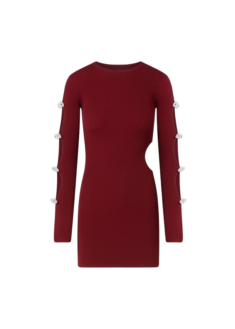 Mach & Mach Cut-Out Crystal Bow Sleeves Rib Knit Mini Dress