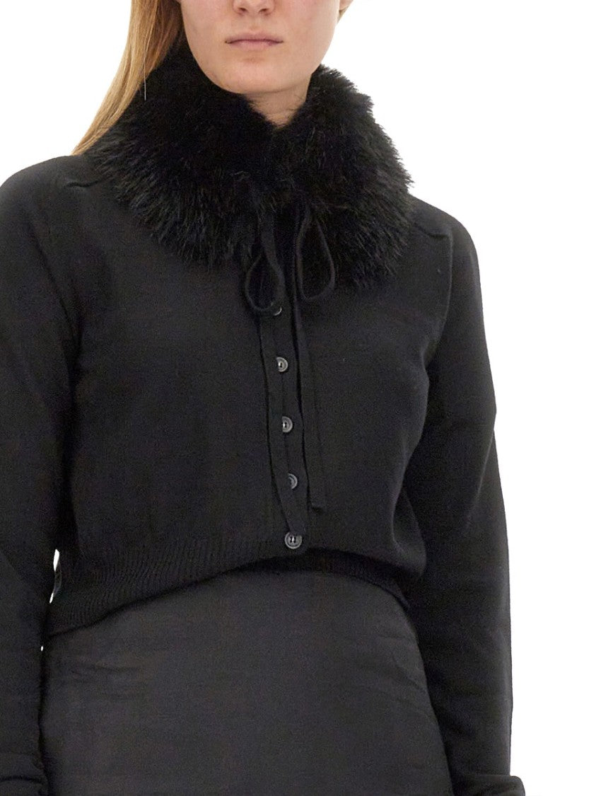 Sportmax Cropped Black Cardigan With Plush Fur Collar