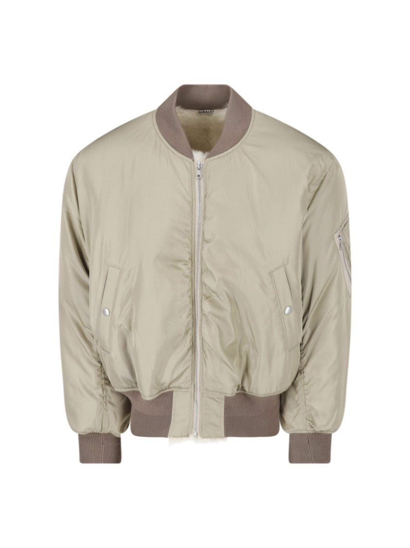 Auralee Green Silk Twill Shearling Bomber Jacket