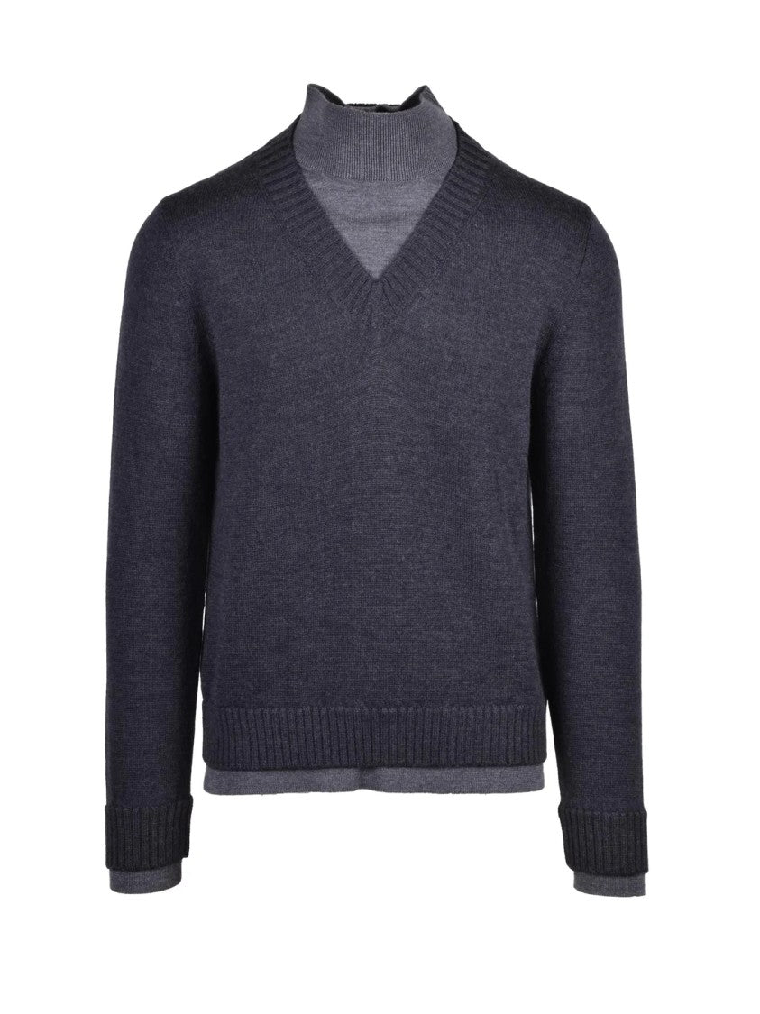 Alpha Studio Layered Grey Merino Wool Turtleneck Sweater