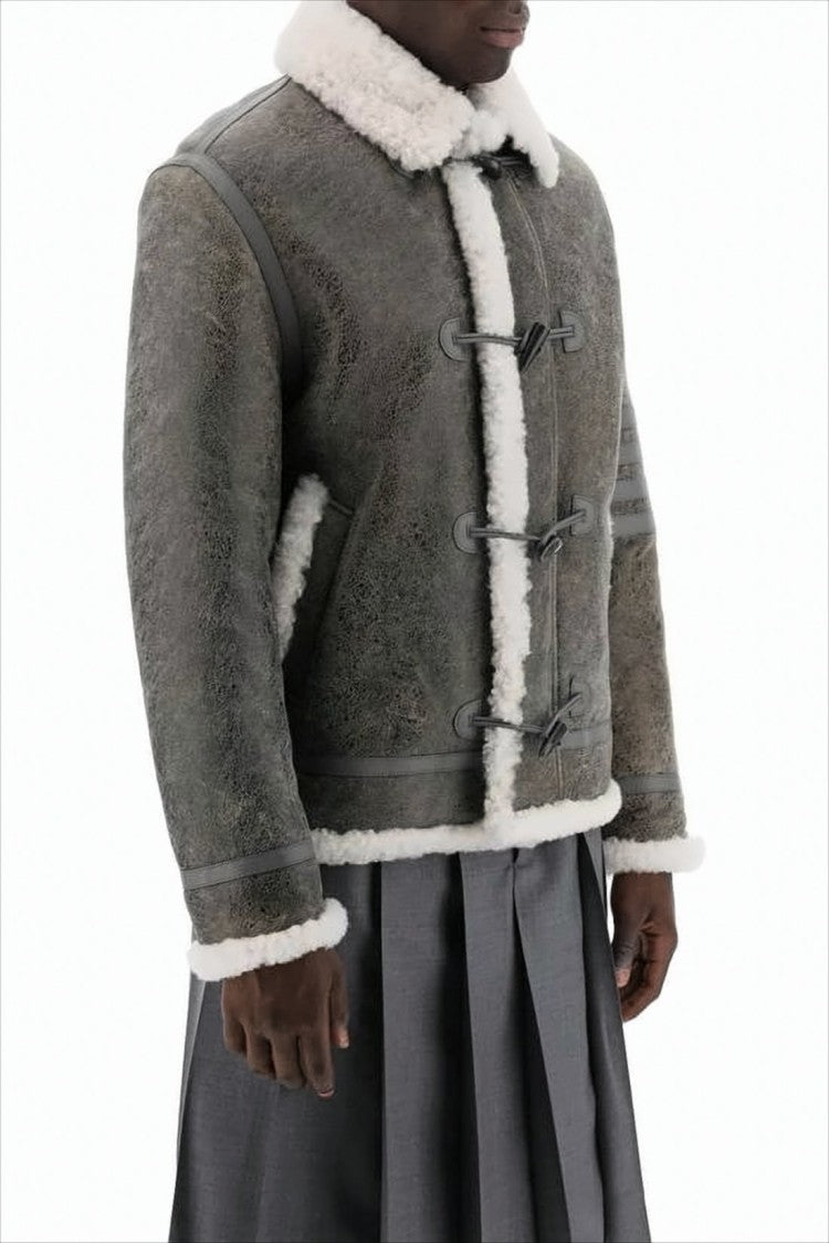 Thom Browne Brown Shearling-Collared Leather Jacket