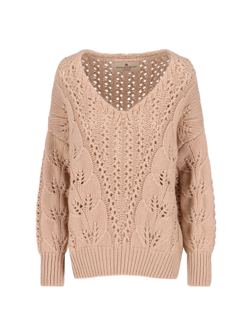 Ermanno Scervino Cashmere Sweater With Openwork Floral Design And V-Neckline