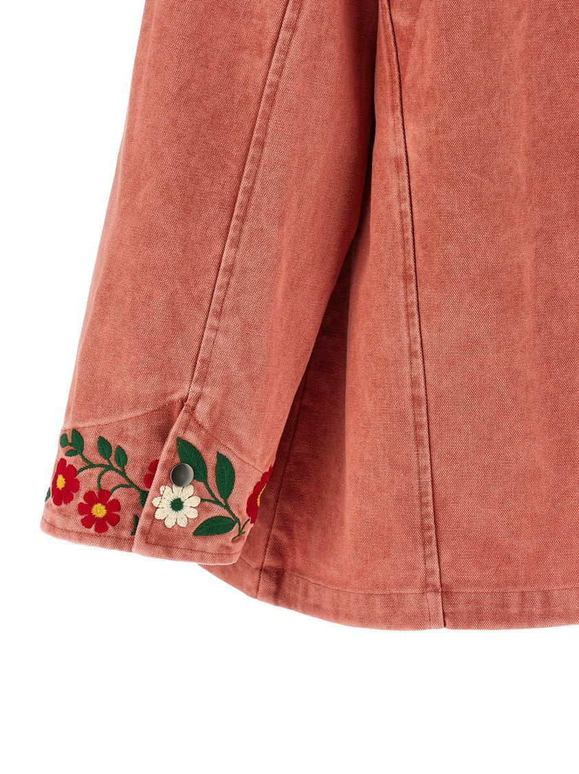 Found Vintage Effect Canvas Jacket With Floral Embroidery And Leather Accents