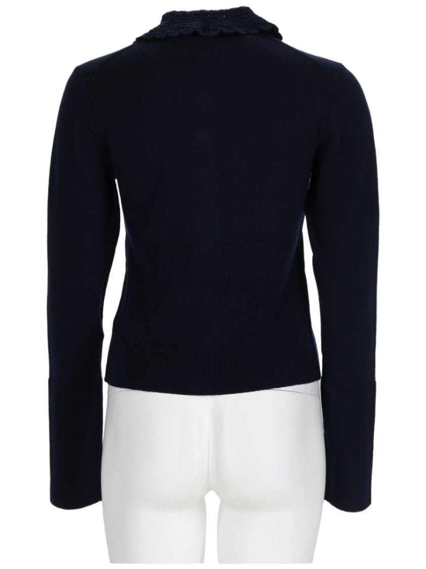 Chloé Fitted Black Wool Cardigan With Textured Collar And Logo