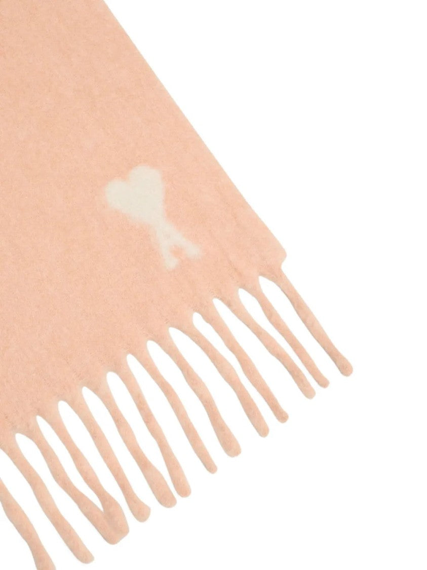 Ami Fringed Rectangular Scarf In Soft Powder Pink With Jacquard Detail