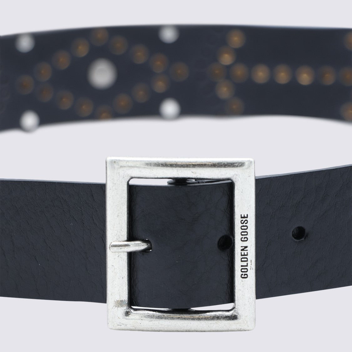 Golden Goose Black Belt With Silver Buckle And Studded Patches
