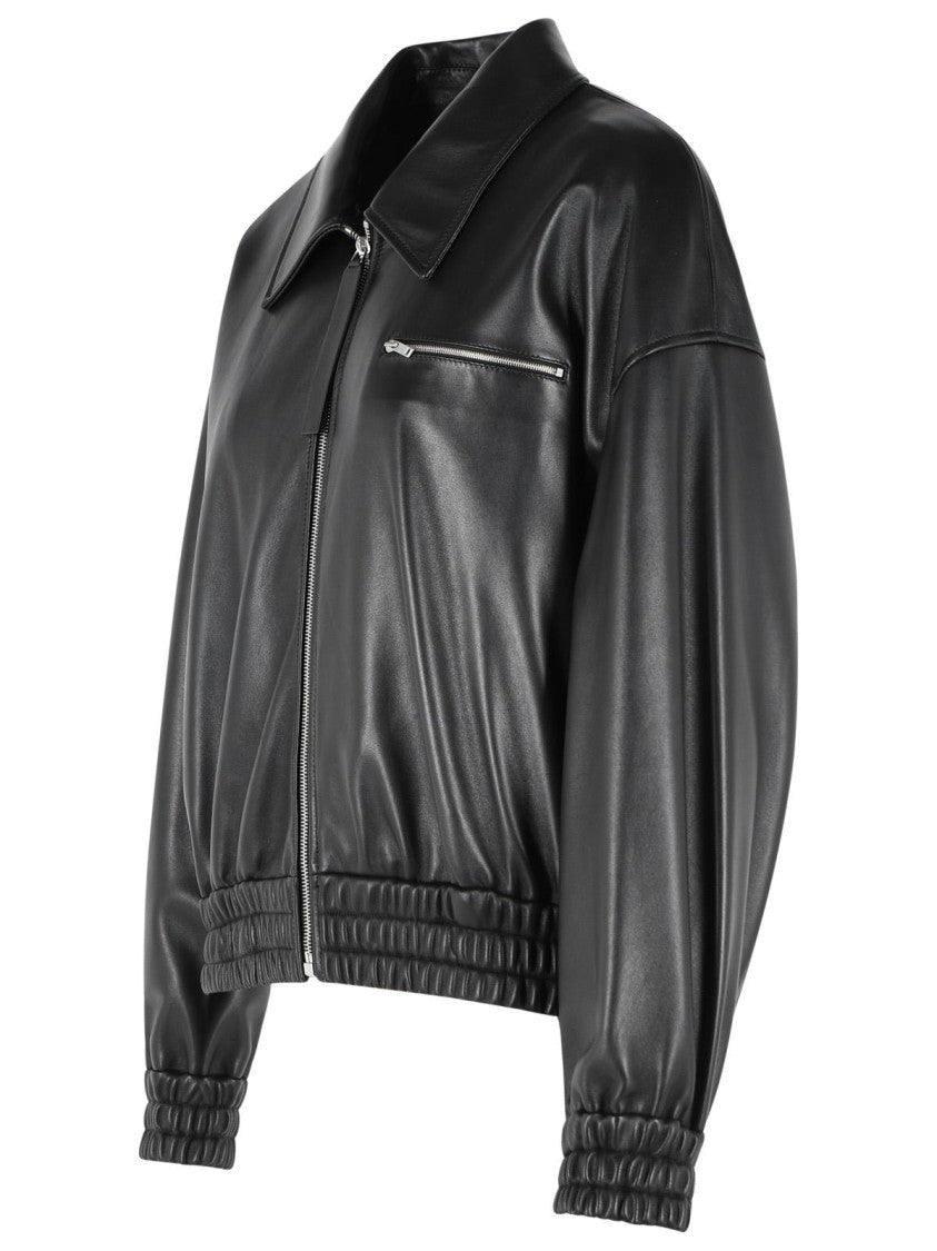 Jil Sander Black Leather Bomber Jacket