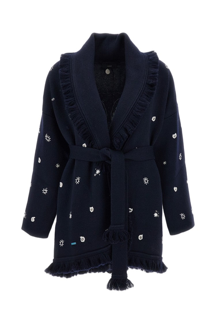 Alanui Bandana Pattern Wool Blend Cardigan With Fringed Edges