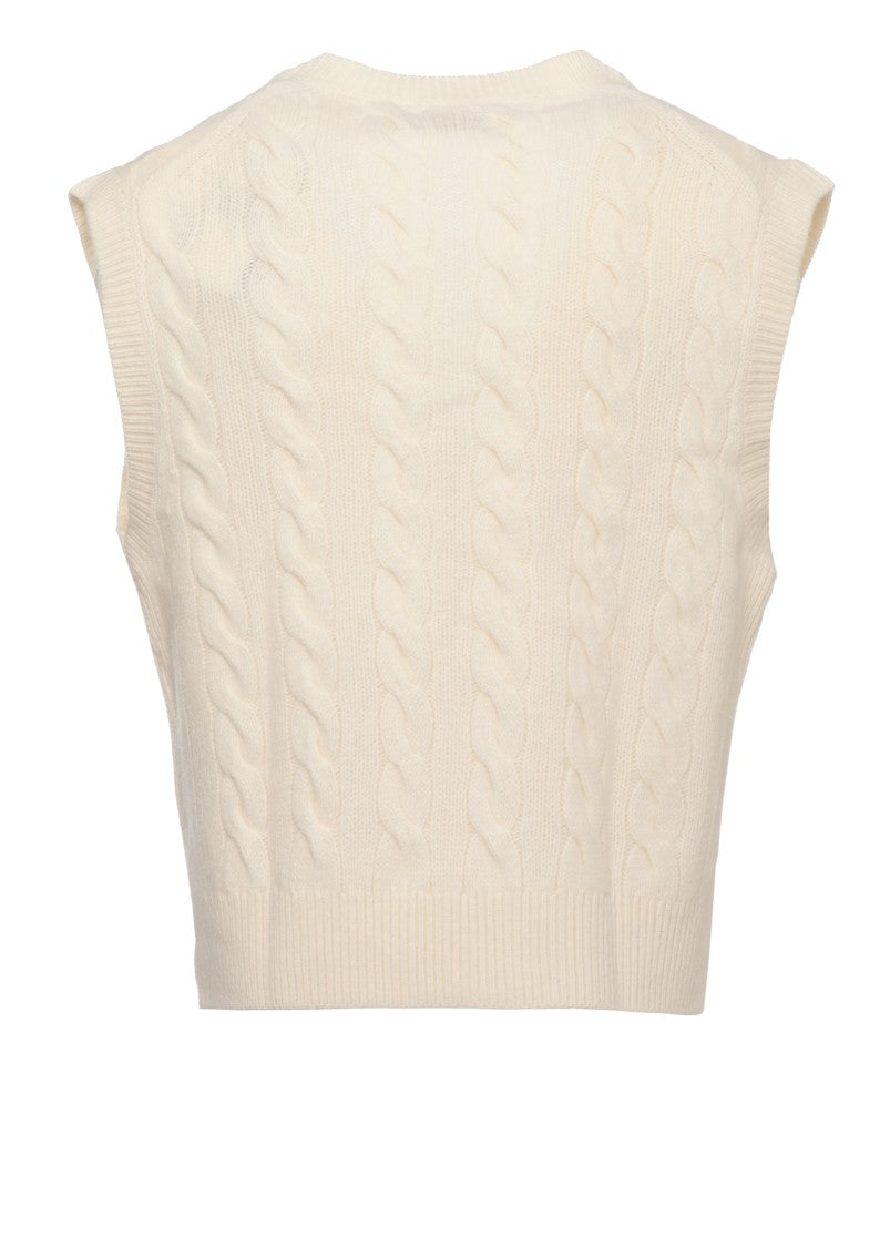 Polo Ralph Lauren Ivory V-Neck Sleeveless Cable-Knit Wool Sweater