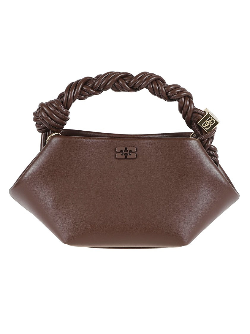 Ganni Geometric Brown Structured Handbag With Braided Handle And Adjustable Strap