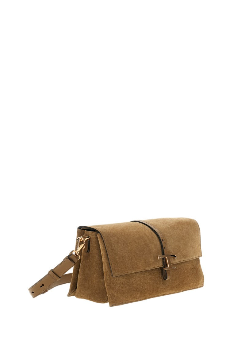 Tod's Beige Flap T Timeless Small Suede Shoulder Bag