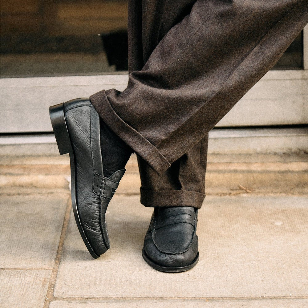 Duke + Dexter Black Hand-Stitched Ruched Nappa Leather Loafers