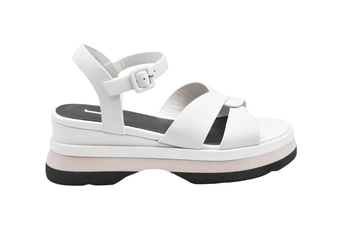 Jeannot Beige Leather Ankle Strap Wedge Sandals