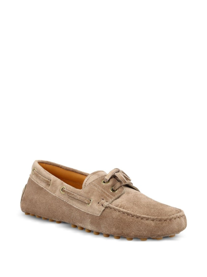 Tod's Beige Suede Loafers With Moccasin Toe And Lace-Up Detail