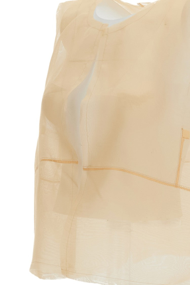 Hui Beige Sheer Geometric Embroidered Silk Tank Top