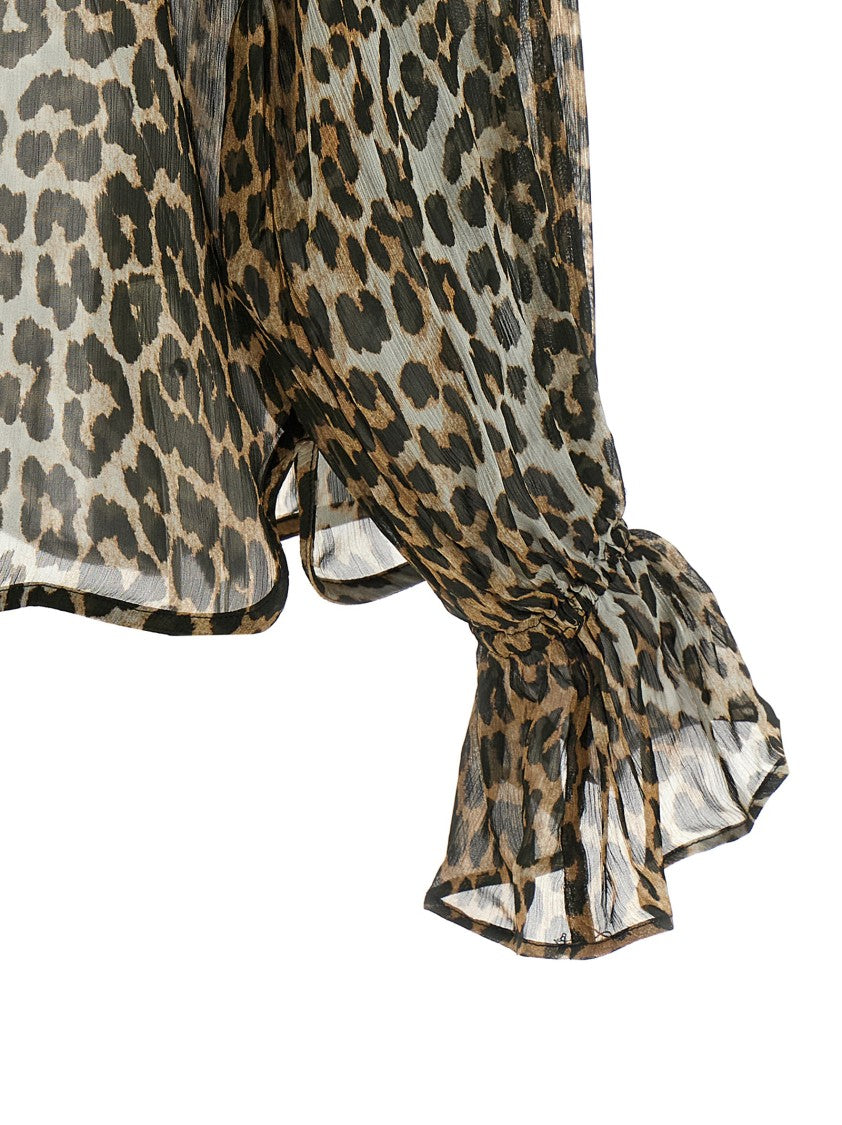 Ganni Leopard Print Chiffon Tie String' Shirt