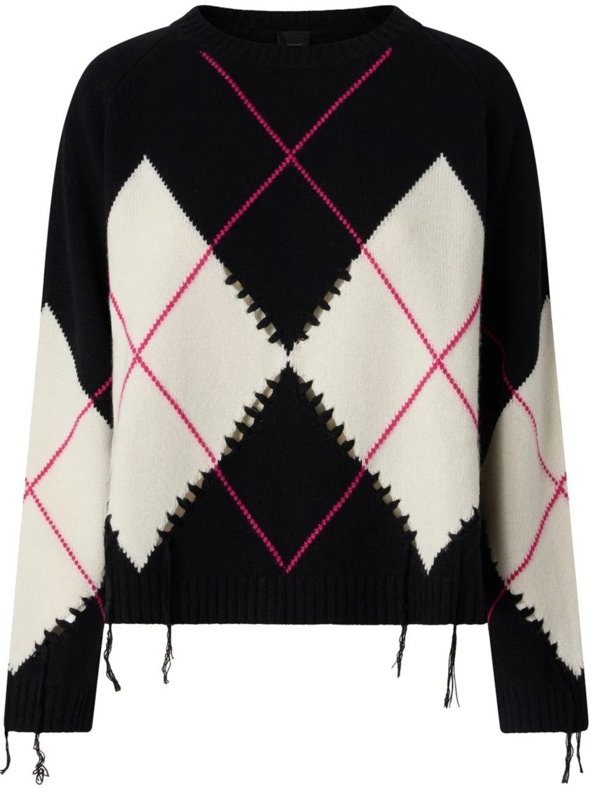 Pinko Cropped Black Argyle Sweater With Bold Cut-Out Details