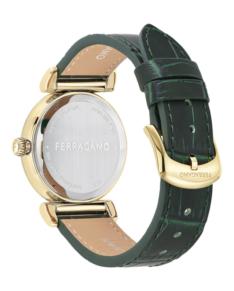 Ferragamo Allure Leather Watch With Green Sunray Dial