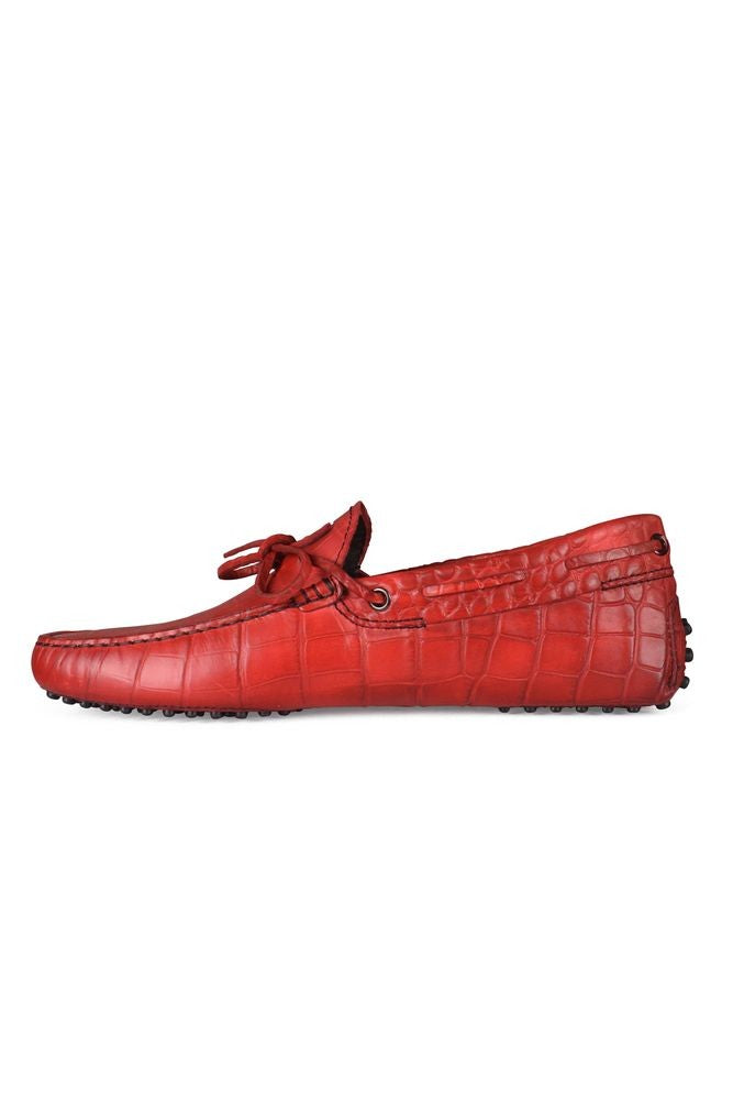 Tod's Red Leather Crocodile Effect Loafers With Laces