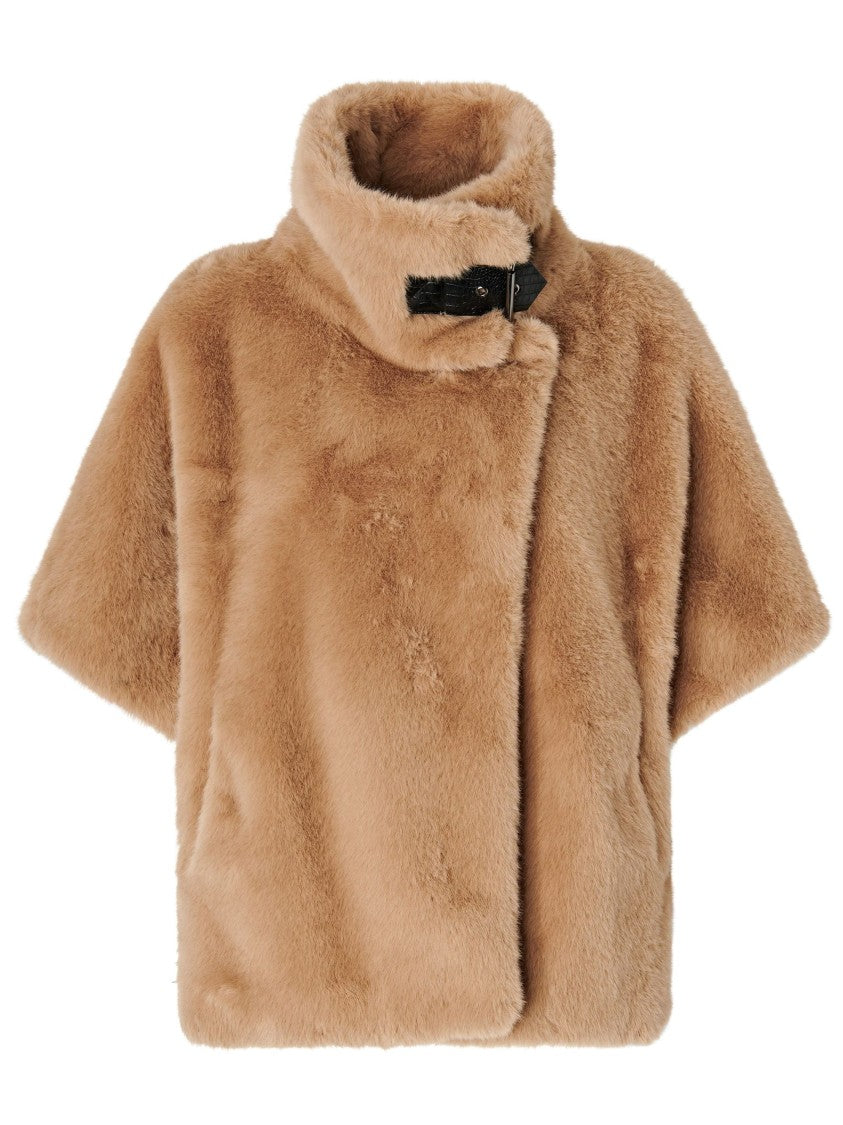 Pinko Short Light Brown Fur Coat With High Collar And Buckle Detail