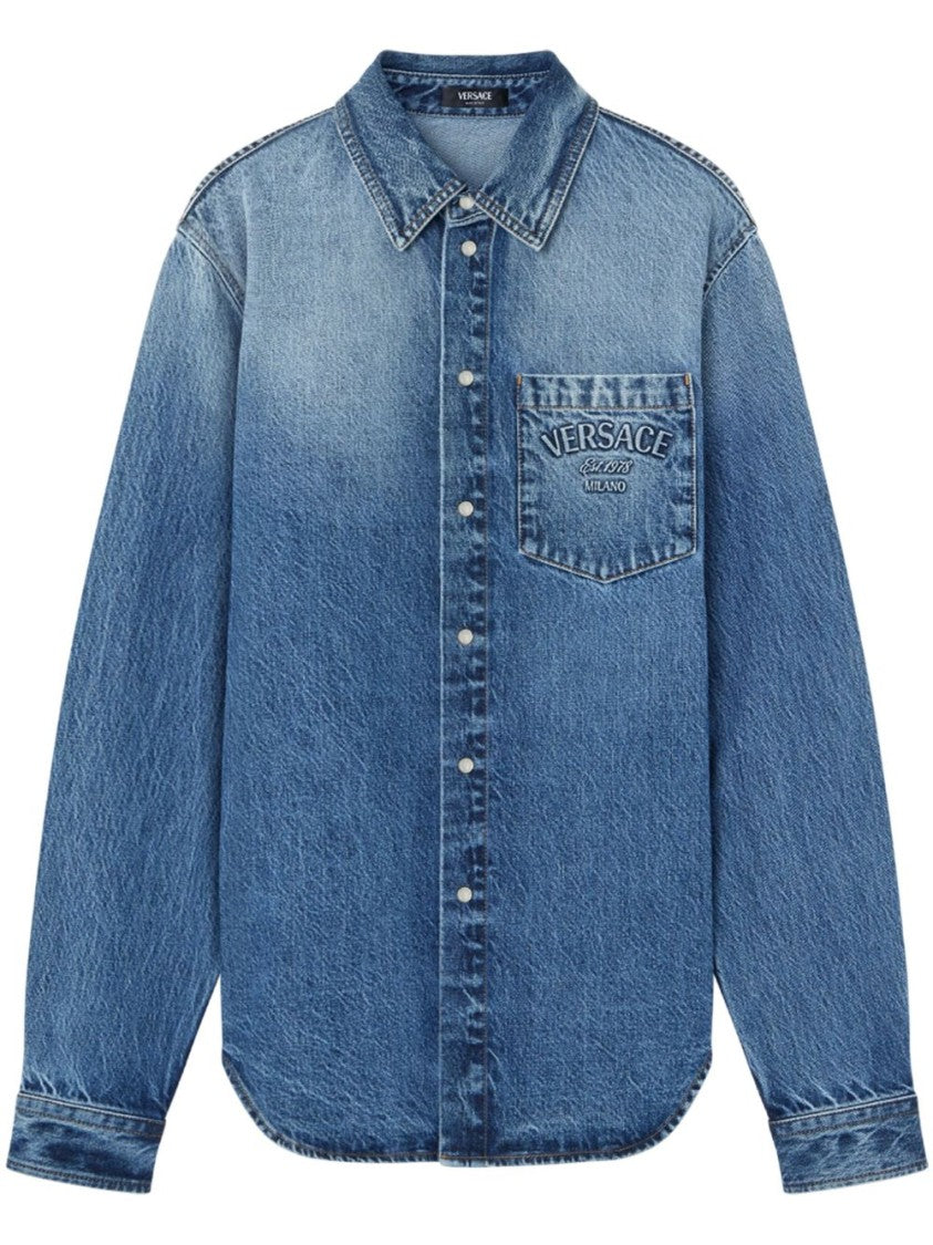 Versace Indigo Blue Washed Denim Shirt With Embossed Logo