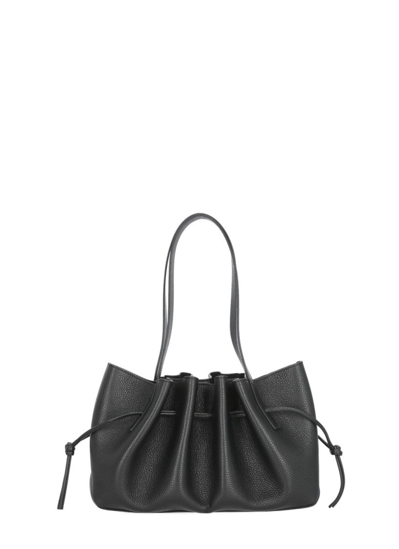 Yuzefi Draped Black Leather Shoulder Bag With Scalloped Structure