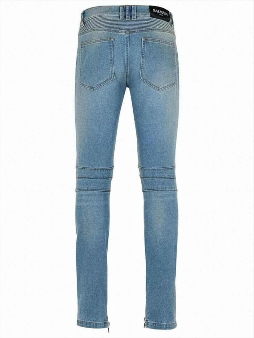 Balmain Light Blue Slim-Fit Denim Pants With Ribbed Detailing