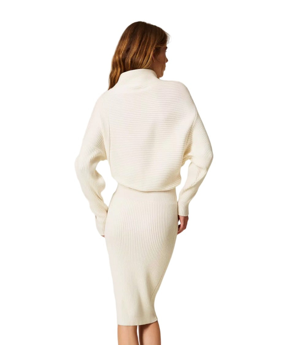 Twinset U&B Wool-Blend Ribbed Contrast Detail High-Neck Longuette Dress