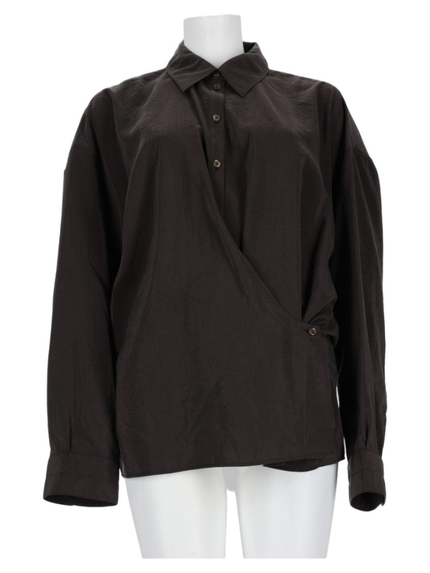 Lemaire Wrap-Style Classic Collar Brown Silk-Blend Shirt