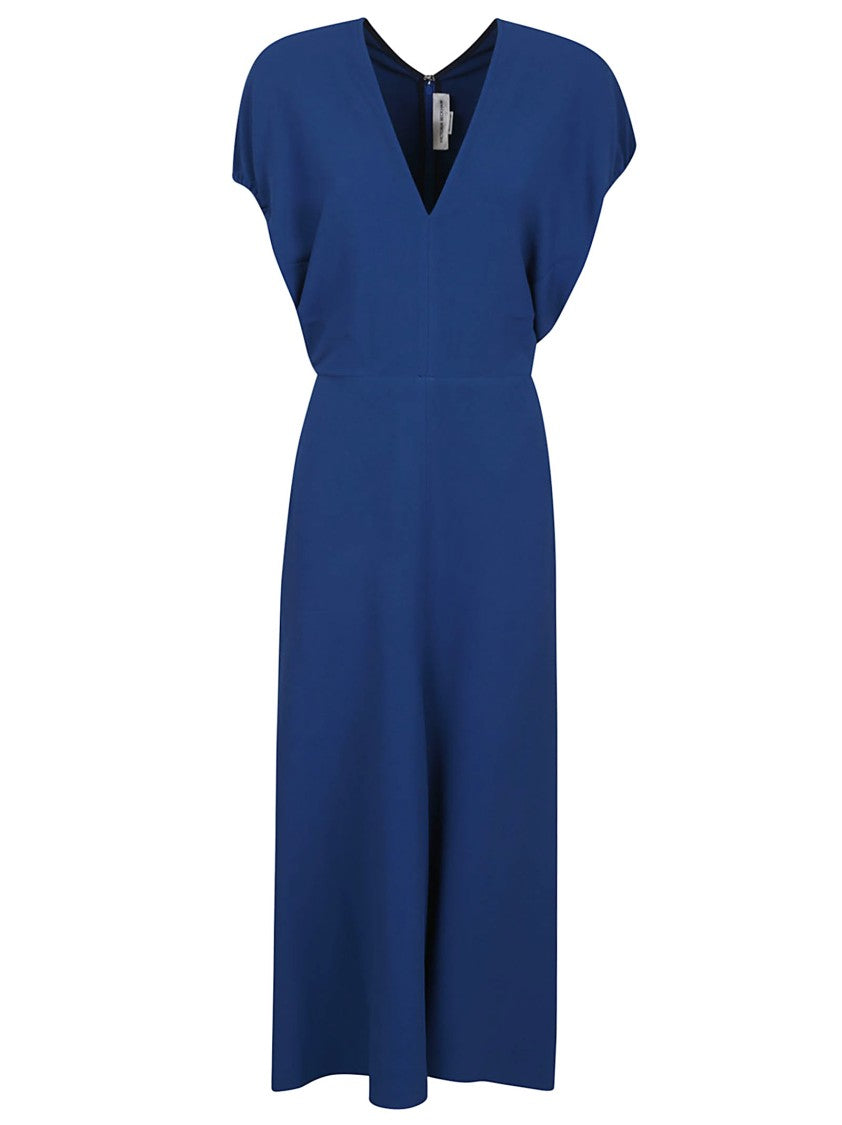 Victoria Beckham Deep V-Neck Midi Dress With Draped Sleeves