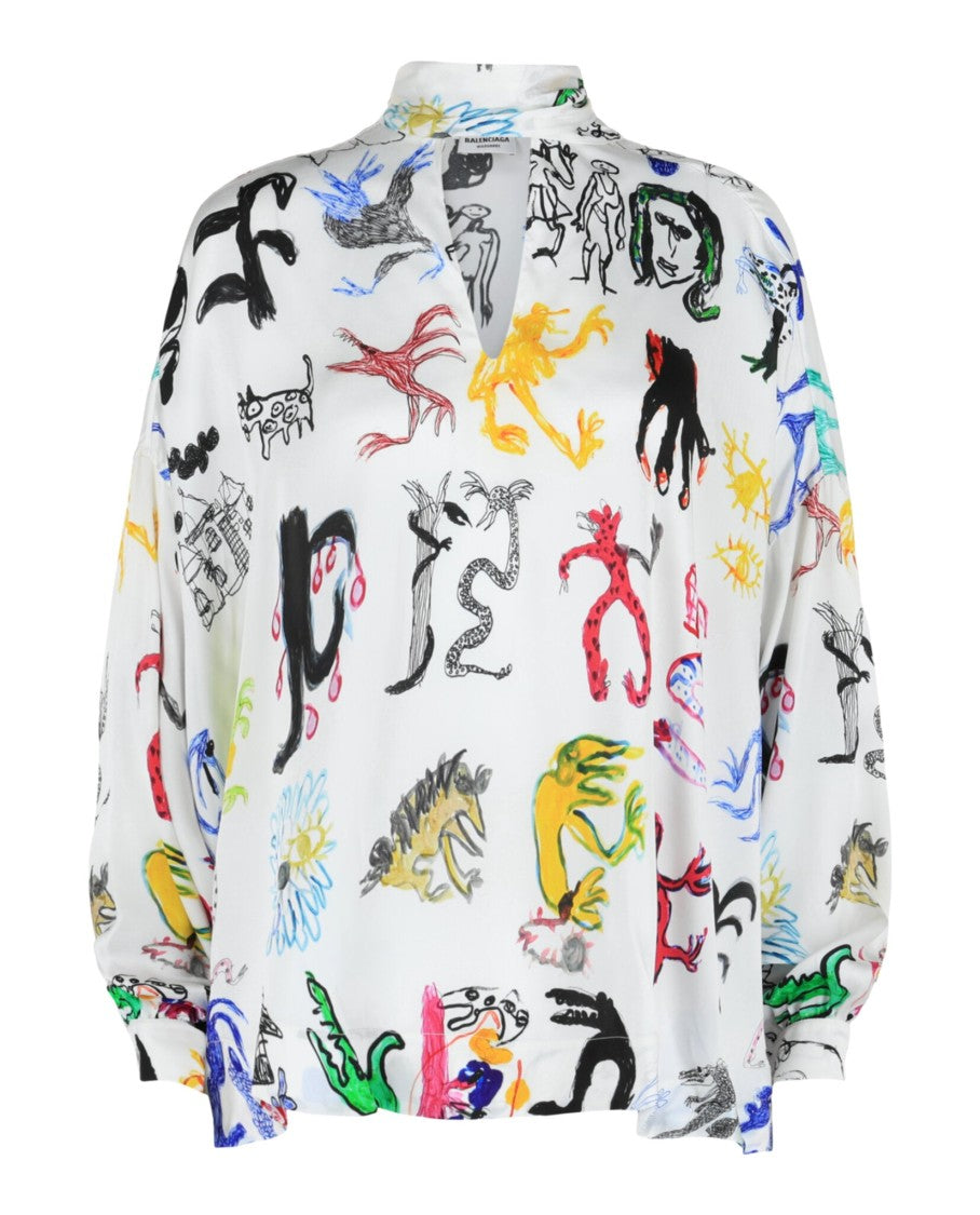 Balenciaga Artist Doodle Fluid Satin Blouse