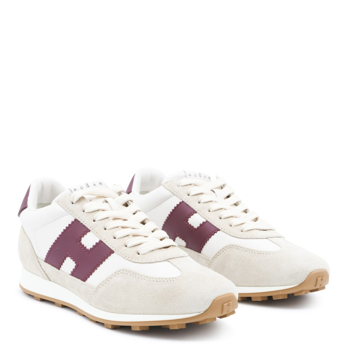 Hogan Light Beige Suede Sneakers With Bold Burgundy Accents