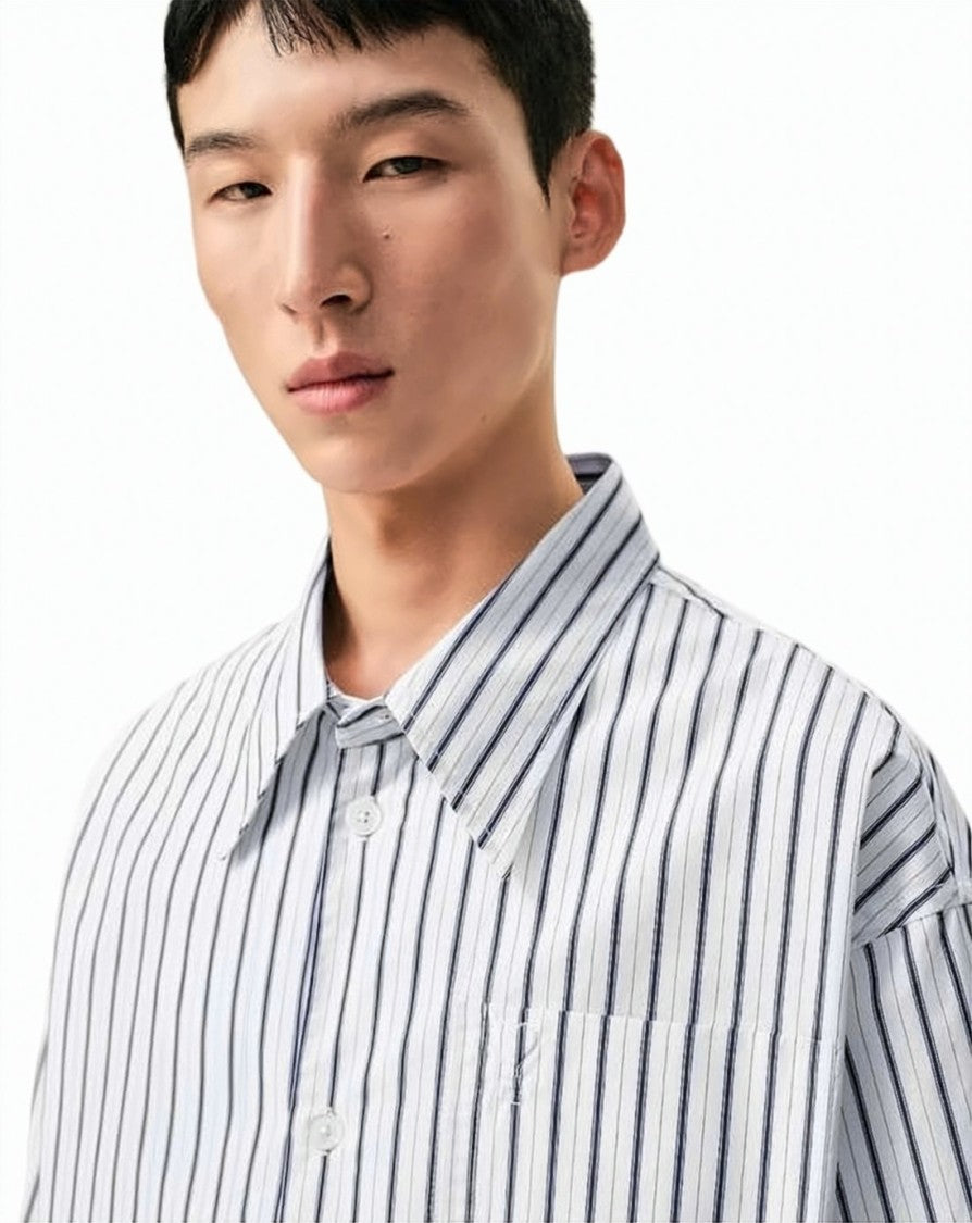 Ami Paris Short-Sleeved Striped Cotton Wide Shirt With Classic Collar