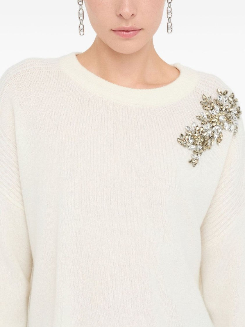 Liu Jo Cluster Embellished White Wool Sweater