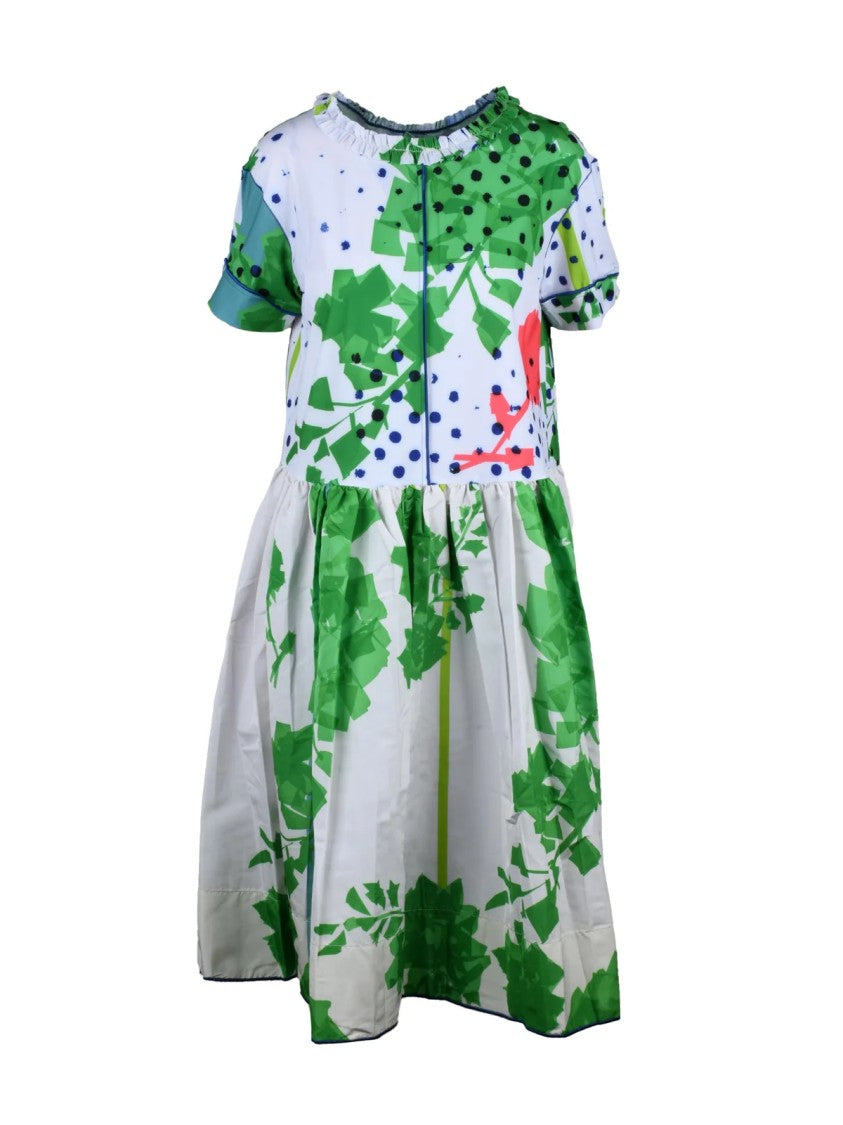 Sara Roka White Green Floral Taffeta Long Dress