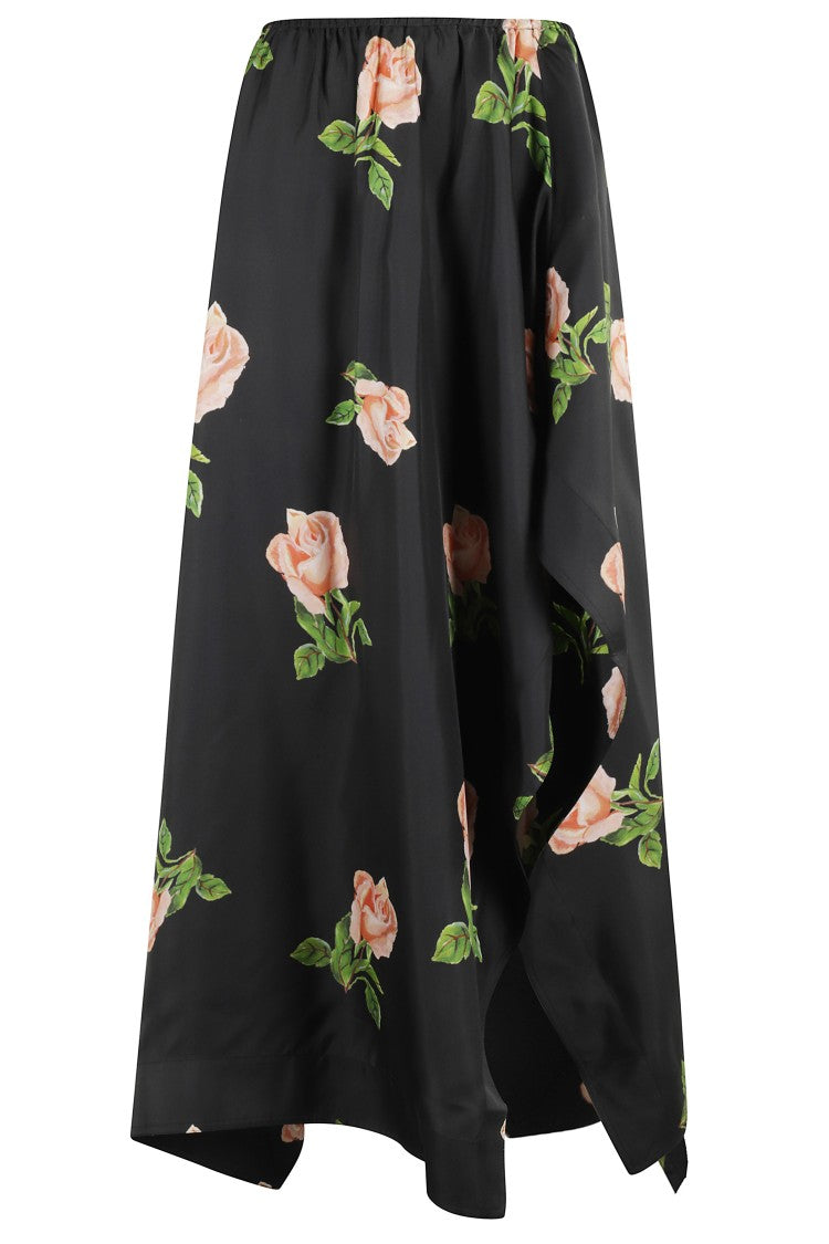 Nanushka Asymmetrical Black Midi Skirt With Striking Rose Print