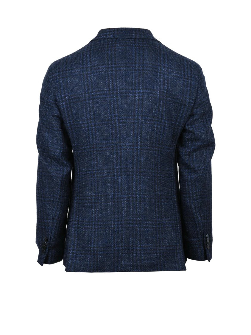 Luigi Bianchi Round Silhouette Blue Wool-Silk Jacket With Subtle Check Pattern