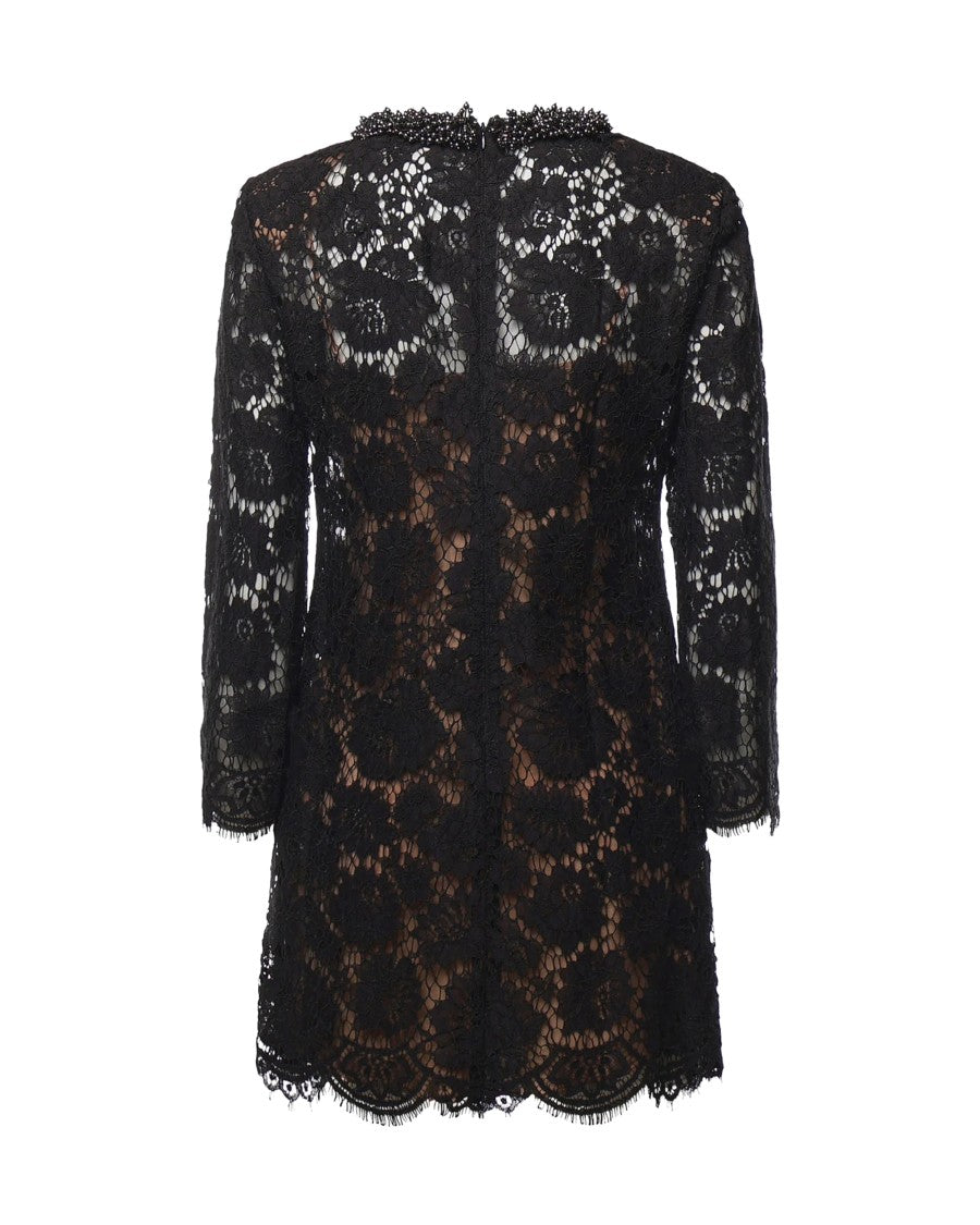 Self-Portrait Black Lace Beaded Long-Sleeve Mini Dress