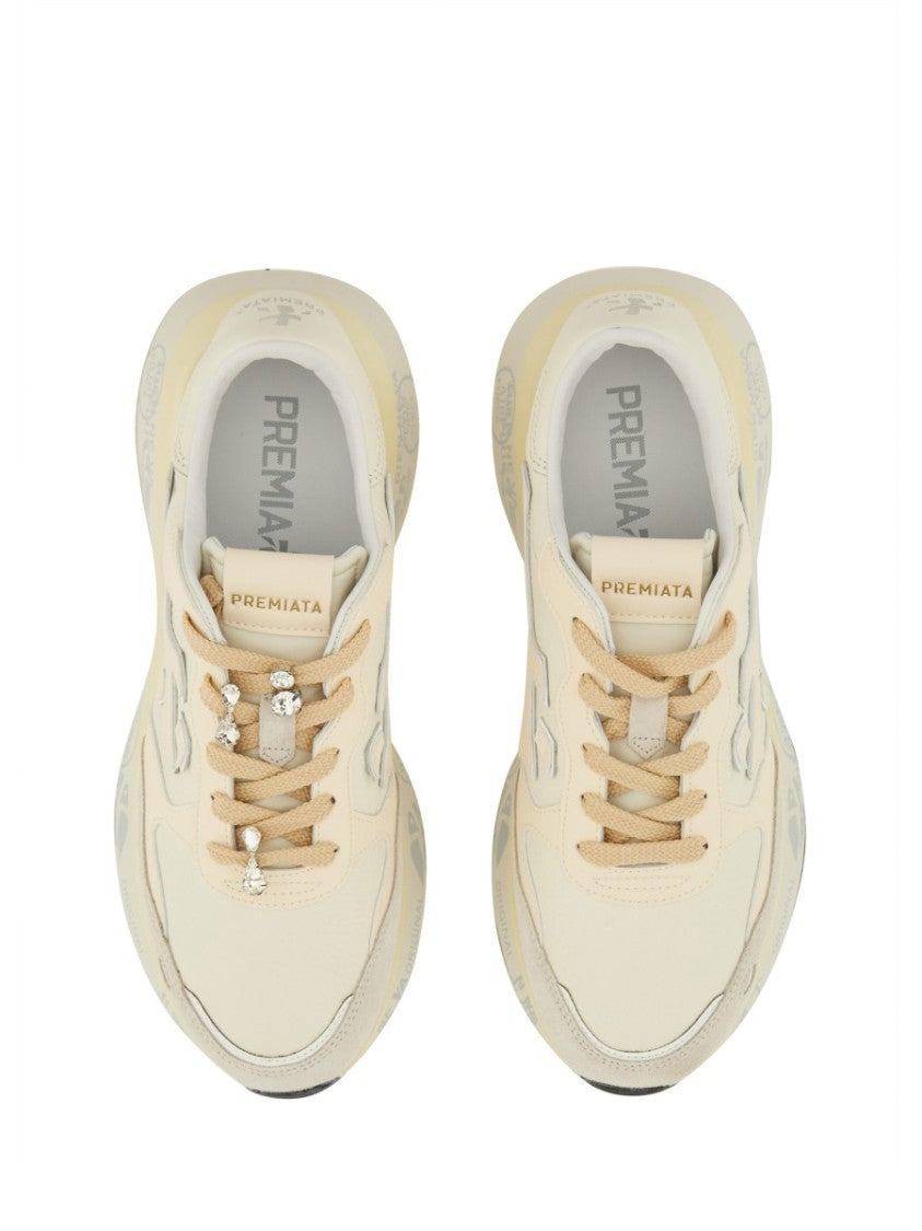Premiata Light Beige Calf Leather Low-Top Sneakers With Metallic Accents