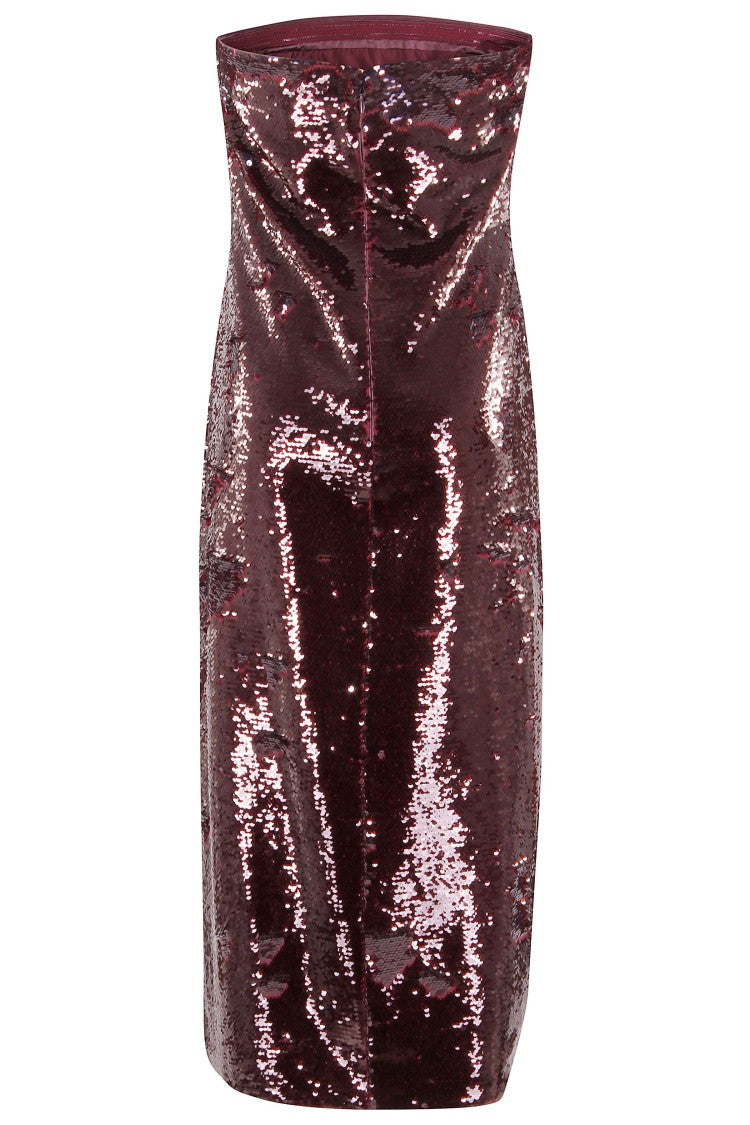 Isabelle Blanche Burgundy Sequin Midi Dress With Bustier Neckline
