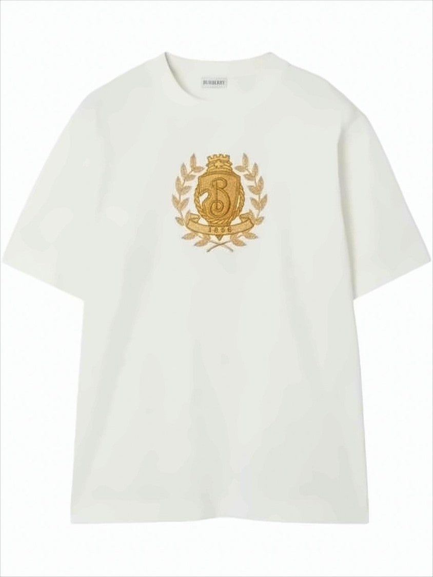 Burberry White Cotton T-Shirt With Golden Crest Emblem