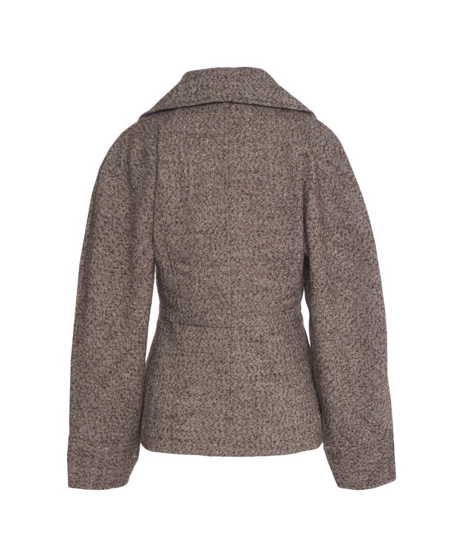 Second Female Textured Brown Jacket With High Collar And Fitted Silhouette